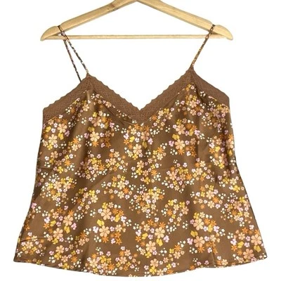 Satin Floral Cami Top Womens M Brown Fairycore Boho Cottagecore Fairy Summer