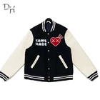 Men's Letterman Human Made Kaws Black Wool White Leather Sleeves Varsity Jacket