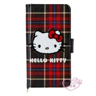 ♥小花凱蒂日本精品♥Hello kitty凱蒂貓黑紅格紋顏色布面圖案PU手機殼手機套萬用皮套00142106