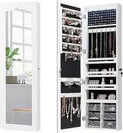 [Auzy's Choice] Aussie 5 LEDs Mirror Jewelry Cabinet, Wall Mounted or Door Hanging Jewelry Armoire w/Lockable Door, Interior Lights, 6 Drawers, Tall Full-length Jewelry Organizer
