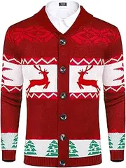 Coofandy Men's Christmas Cardigans Ugly Xmas Sweaters Reindeer Snowflake Shawl Collar Knitted Cardigan Sweater