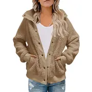 Nevenka Womens Oversized Long Sleeve Button Sherpa Jacket Coat Pockets Warm Fleece-Khaki