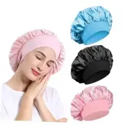 3 Pack Satin Bonnet, Night Sleep Caps with Wide Medium-Large Pink,black,blue