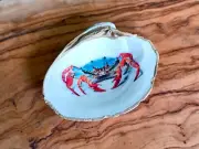 Blue Crab Decoupage Clam Shell - Gold and White Ring Dish, Painted Seashell Dish
