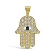 Hamsa Fatima Hand Palm Pendant 10k Yellow Gold CZ Charm 1.7 inch