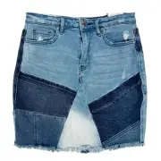 Almost Famous Mini Denim Skirt Womens 7 Blue Frayed Patchwork Retro Grunge Skirt