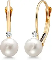 [Gem Stone King] White Cultured Freshwater Pearl and Gemstone Birthstone Leverback Earrings for Women in 14K Yellow Gold | Pearl: 5.5MM and 1.5MM Round Accent | Drop Dangle Fine Jewelry for Her Mom Wife
