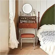 Vintage Wood Makeup Vanity with Mirror Small Vanity Table Bedroom Makeup Dressing Table with Stainless Steel Bracket