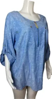 Anne Klein Linen Top 3X High Low Blue Blouse Long Sleeve Round Neck. NWT $99