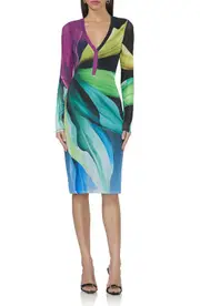 AFRM Diane Plunge Neck Long Sleeve Mesh Dress in Black Lotus at Nordstrom, Size Small