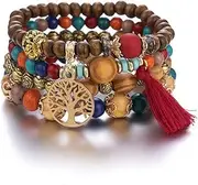 [Branets] Bohemian Wood Beaded Bracelets for Women Multilayer Stretch Tassel Bracelets Set Tree of Life Charm Love Statement Bangles, 1 Count (Pack of 1), Wood