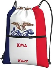 EdWal Iowa State Flag Print Drawstring Backpack Gym Bags Sports Bags With Zipper Pocket For Travel Beach, Black, One Size