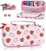 FUNDIARY Cute Strawberry Carrying Case for Nintendo Switch and Switch OLED, Cute Travel Accessories Bag for Switch and Switch OLED, Case with Adjustable Shoulder Strap and 2 Strawberry Thumb Caps