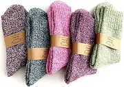 [JUNAN] 5Pairs Ladies thermal Winter socks, Womens Thick Knitting Warm & comfy Wool Crew Vintage Style Sock