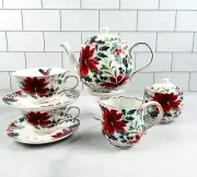 Grace Teaware Cream, Sugar, Teapot, Teacup Set Poinsettia And Berries Christmas