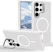 [Tcaraersing] for Samsung Galaxy S24 Ultra Magnetic Case with Stand [Compatible with MagSafe] Built-in Camera Ring Holder Stash Kickstand Slim Matte Frosted Cover Anti-Fingerprint, Translucent White