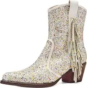 [Tsrenlmln] Ankle Boots for Women Pointed Toe Rhinestone Western Cowboy Slip-On Short Boots