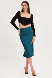 Blue Slip Skirt Midi Satin - Size 16, Women's Midi Skirt