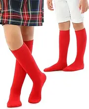 [Hugh Ugoli] Knee High Cotton Socks for Girls Boys and Toddlers, Solid Color Long School Uniform Socks 3-14 Years Old, 4 Pairs, Red (4 Pairs), 3-4 Years