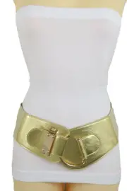 Women Gold Faux Leather Elegant Fashion Hip Waist Elastic Belt Hook Buckle M L