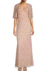 Aidan Mattox Beaded Mesh V-Neck Short Flutter Sleeve Gown in Ballet