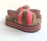 UGG FLUFF YEAH DISCO STRIPE SLIDE CHESTNUT/ PINK ROSE SANDAL US 7 / EU 38 / UK 5