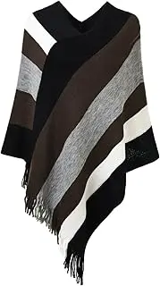 [Ferand] Women's Elegant Knitted Poncho Shawl with Striped Patterns and Fringed Sides