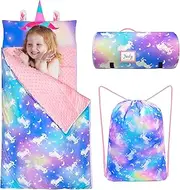 Toddler Nap Mat Girls Unicorn Sleeping Bag with Reusable Pillow and Blanket for Kids Slumber Bag for Elementary Preschool Kindergarten Daycare