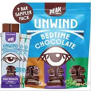 Peak Chocolate UNWIND Bedtime Chocolate Bar Sample Pack - 3 Dark Chocolate, 3 Mint Crunch & 3 Salted Caramel - Low Sugar Sleep & Calm Supplement with Magnesium, Zinc, and Chamomile - Healthy Chocolate for Relaxation - Gluten-Free, Vegan - 25g x 9 Bars