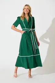 Rhea Maxi Shirt Dress Short Sleeve in Green Emerald with Contrast Piping Cotton 8