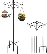 75.98 Inch/193CM Shepherd Hook, Bird Feeder Pole Adjustable Height Bird Feeders Hanging Station with 5 Prong Base Heavy Duty Metal Bird Feeder Stand for Garden Lights, Lanterns, Plant Baskets