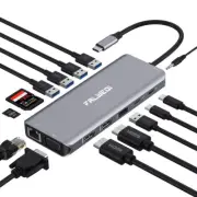 USB C Laptop Docking Station, 14 in 1 Type C Hub Multiport Adapter Dongle with 3