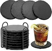 Vourelar Slate Stone Coasters with Metal Holder Set of 8 Black Table Drink Coasters Non-Slip Cup Mat Home Decor for Office Kitchen Coffee Apartment Bar 4 Inch, Round