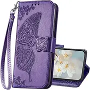Magnetic Leather Butterfly Case for iPhone 11,Flip Cover with Butterfly Embossed Leather Stand Credit Card Holders Slots Wallet Phone Case for iPhone 11 Folio Case for Women（Purple）