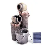 Solar Fountain Water Feature Bird Bath RUSTIC POURING BROKEN POTS ON TREE TRUNK F956
