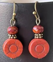 Bronze, Burnt Orange Stone and Picasso Glass Bead Earrings.