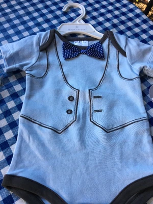 Boys Light Blue One Piece with Blue Polka Dot Bow tie s 9 M NWT