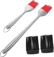 Cabilock 1 Set Stainless Steel Silicone Basting Brush Ergonomic Cooking Oil Brush for BBQ Baking Grilling Includes and with Heads for Easy Use and Storage
