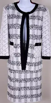 ST.JOHN Women Knit Tweed White Black Print Fringed Trim Jacket & NWT Skirt Sz 14