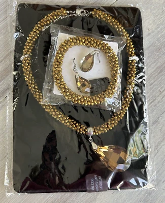 Intercept Aurora Borealis Gold Glass Necklace Earrings Bracelet Set