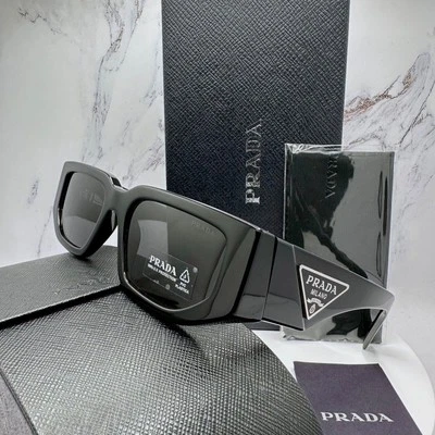 New PRADA Sunglasses Black Rectangular Plaque Triangle Logo SPR09Z 1AB-5S0 Mens