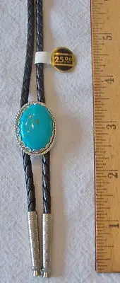 CABOCHON FAUX TURQUOISE BOLO TIE W/BRAIDED LEATHER CORD & SILVER-TONE METAL TIPS