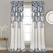 [Lush Decor] Tanisha Curtains - Light Filtering Window Panel Set, Pair - Floral Vine Print, Beautiful, Modern, Elegant Home Decor - 52" W x 84" L, Navy & White