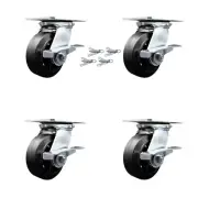 5 Inch Rubber on Steel Caster Set with Ball Bearings and Brakes/Swivel Locks SCC