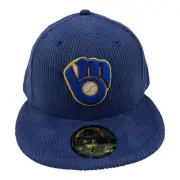 New Era 59Fifty Milwaukee Brewers Hat Cap 7 1/2 Royal Blue Corduroy MLB Baseball