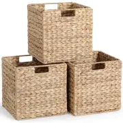 Set of 3 Hyacinth Storage Cubes, 12x12 Wicker Basket Bins for Shelves, Natural