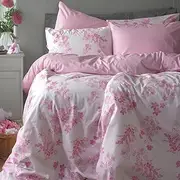LERUUM Pink & White Bedding King Size Cotton Summer Duvet Cover Sets Pink Striped Floral Reversible Cute Quilt Bed Set (Pink King Size)