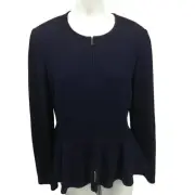 St. John Caviar Zip Front Navy Blue Peplum Jacket Blazer Size 12 Wool Lined