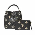 【LOUIS VUITTON 路易威登】M45497 經典NEONOE MM系列鮮明大LOGO結合MONOGRAM花卉手提/斜揹水桶包(黑色)