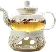 TYMYYS Chinese Flower Ceramic Teapot and Heater, Ceramic Teapot with Infuser, Glass Tea Set, Tea Warmer Stand(Without Candle)-a-Base&teapot